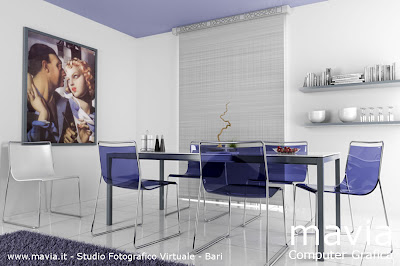 3d Rendering Sala da pranzo con tenda a rullo, tavolo e sedie in materiale plexiglass 3d