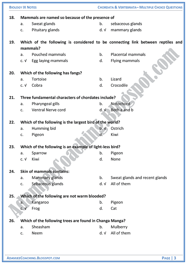 chordata-and-vertebrata-multiple-choice-questions-biology-notes-for-class-9th