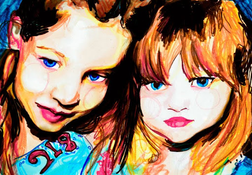 The Ward Sisters Artist Danny Roberts Drawing of Sophie Ward and Gemma Ward sisters as little kids age 5 and 7