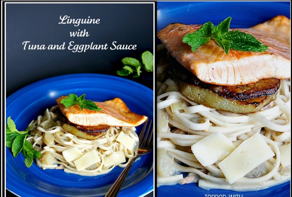 Linguine in Tuna & Eggplant Sauce, Topped with Grilled Salmon