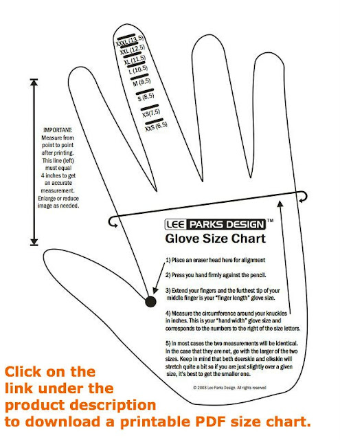 Lee Parks Design DeerTours gloves are beautiful.  And, finally, a way to measure your size with an easy PDF chart.  Seriously, what a great idea.  Protect your hands while you're riding and cover 'em up with these beauts.  $95, here.