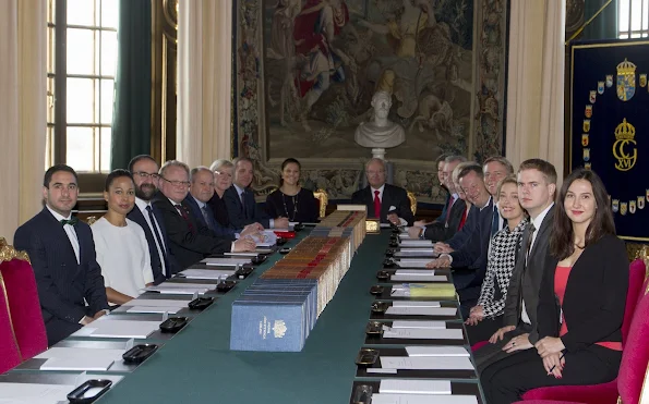 King Carl Gustaf and Crown Princess Victoria of Sweden attended the meeting of the Informational Cabinet was held at the Royal Palace in Stockholm 