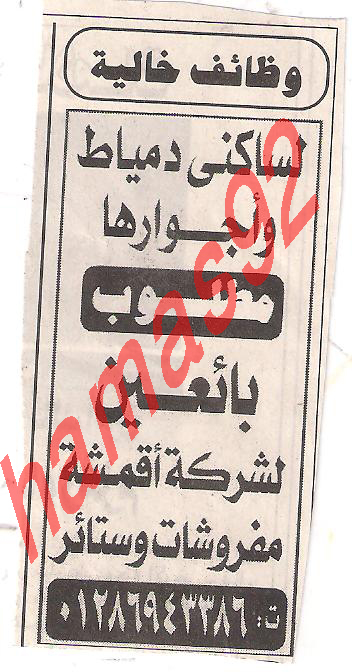 وظائف خالية فى محافظة دمياط مطلوب بائعين لشركة اقمشة ومفروشات وستائر Picture+002