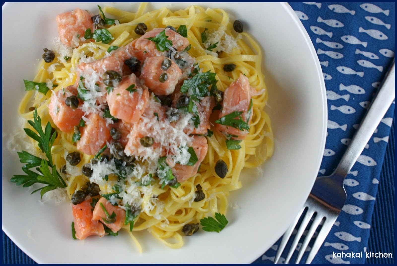 Kahakai Kitchen Fettuccine with LemonMarinated Salmon & Capers An