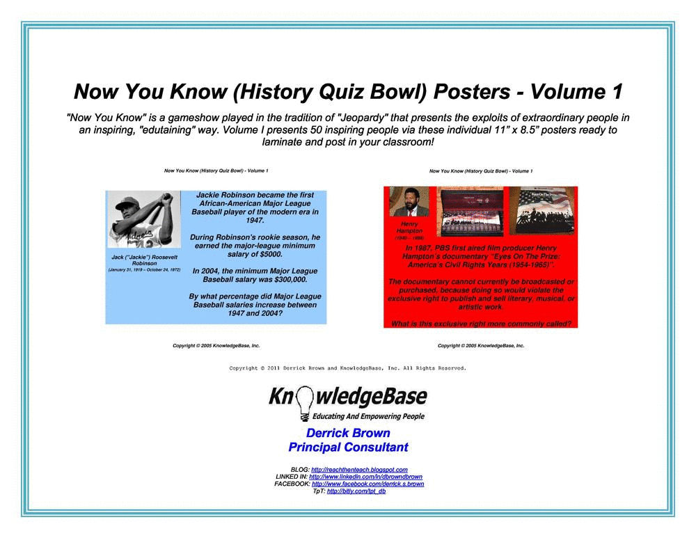 "Now You Know" History Quiz Bowl Posters (Volume 1) PERFECT for Black