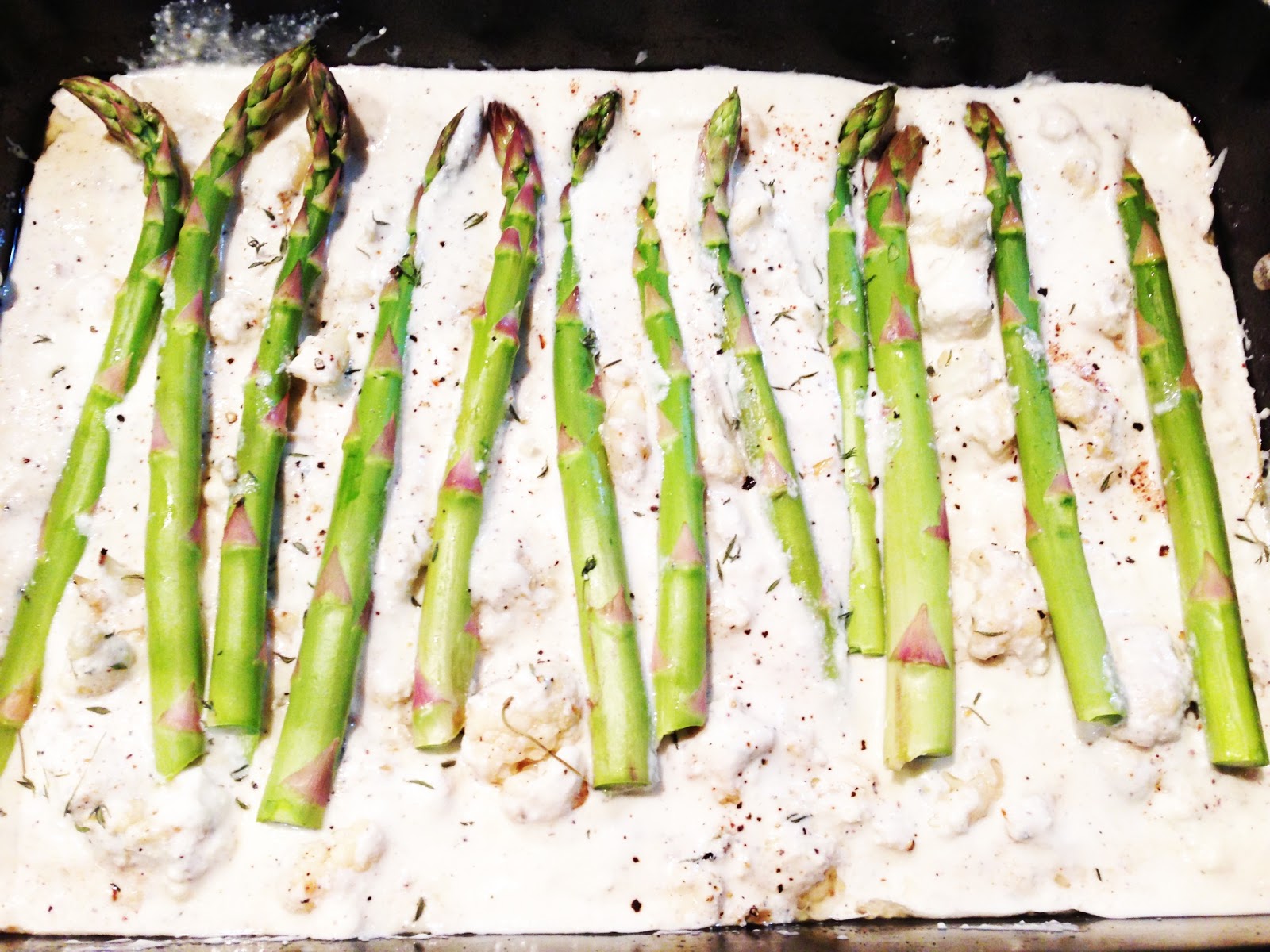 Cookie's Kitchen Cauliflower, Asparagus and Ricotta Bake