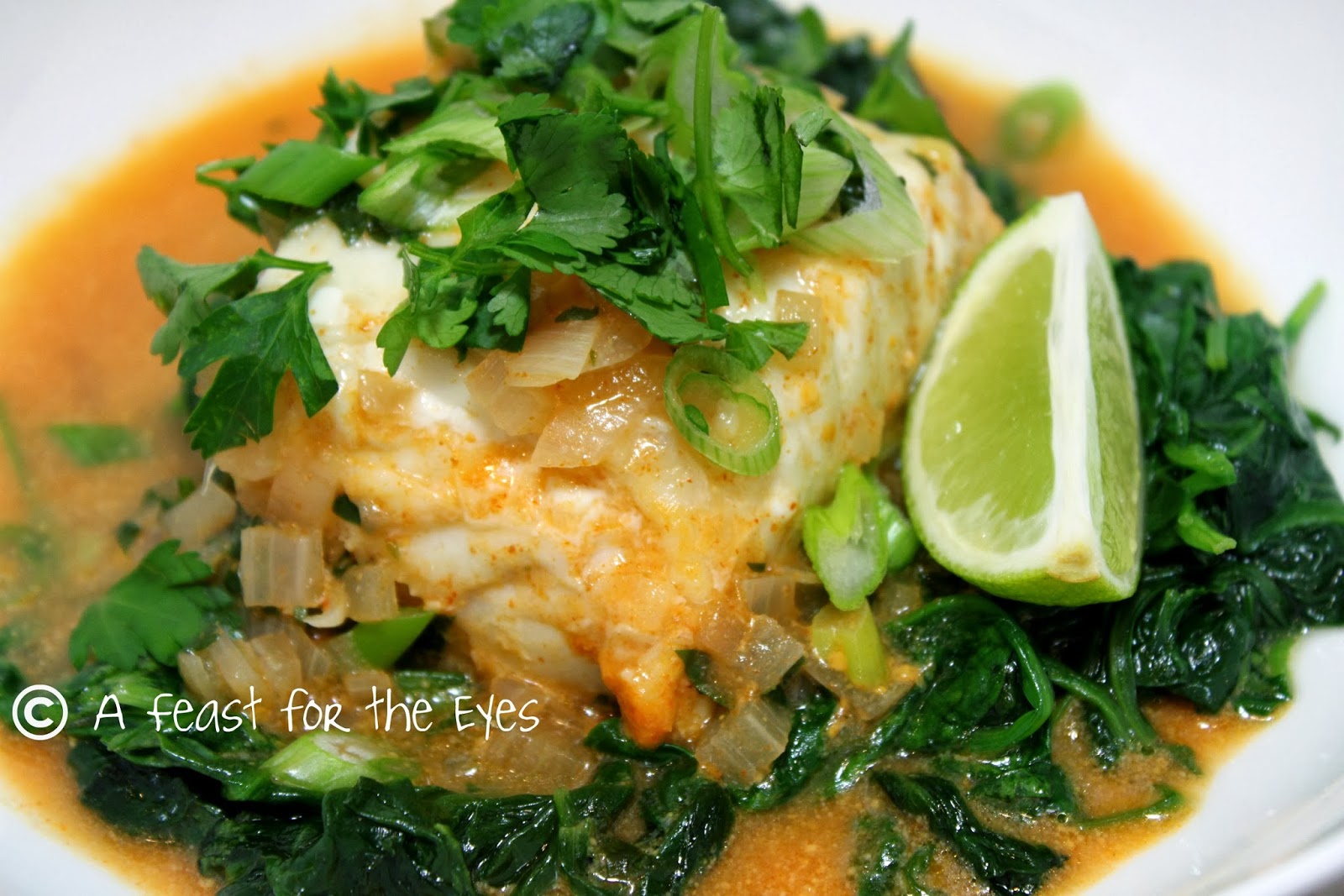 A Feast for the Eyes Thai Coconut Curry Halibut with Fresh Sauteed Spinach