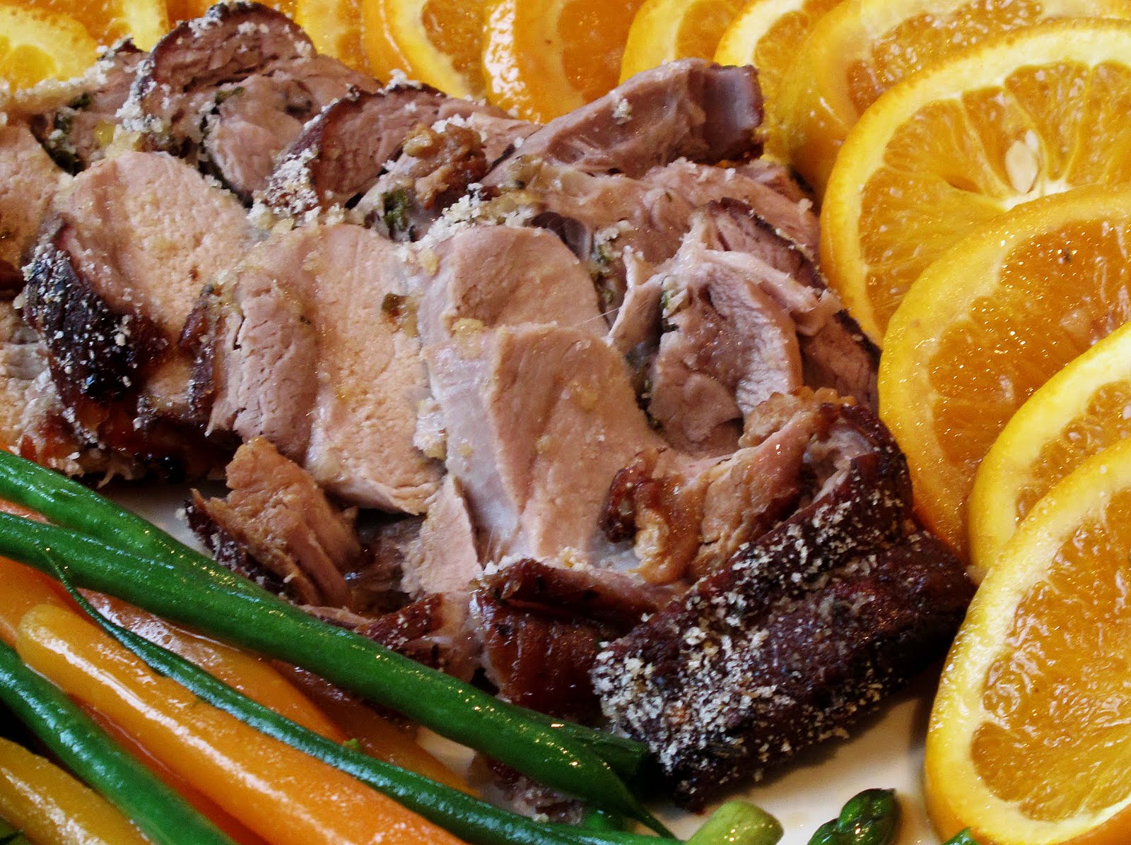 Black Pepper Plum Baked Pork with Oranges (and very crispy crackling)