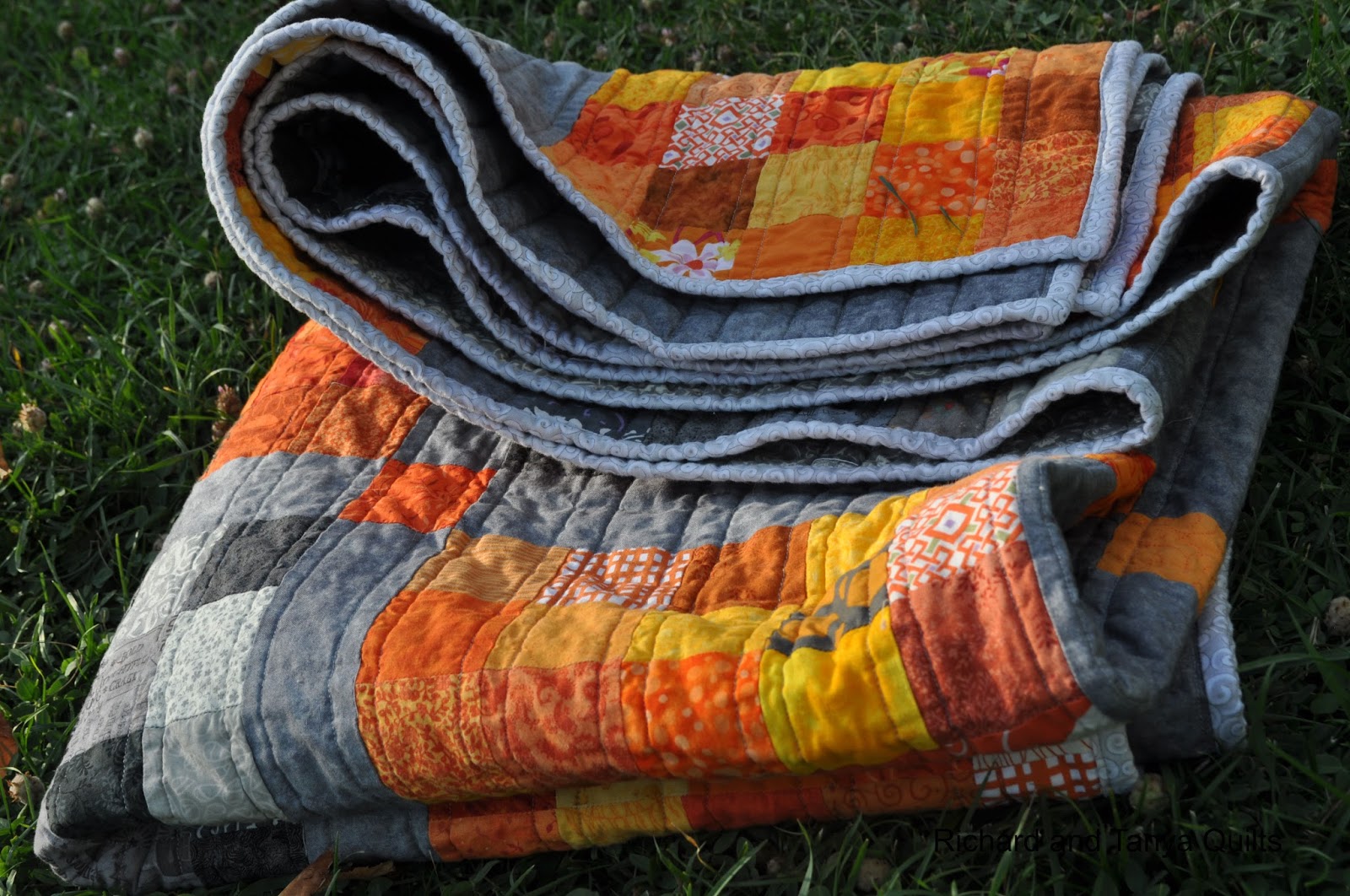 Richard and Tanya Quilts Orange and Gray Lap Quilt, Richard Sized