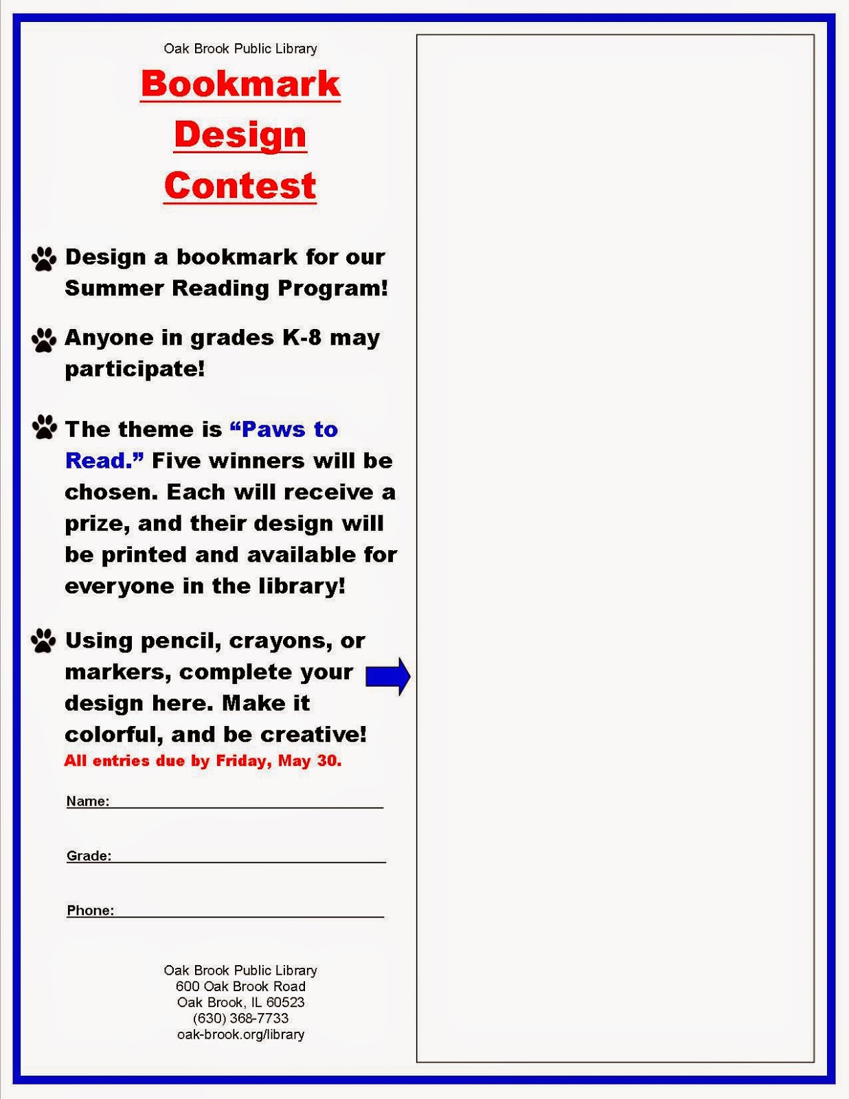 OBPL Youth Services Blog Bookmark Design Contest 2014!