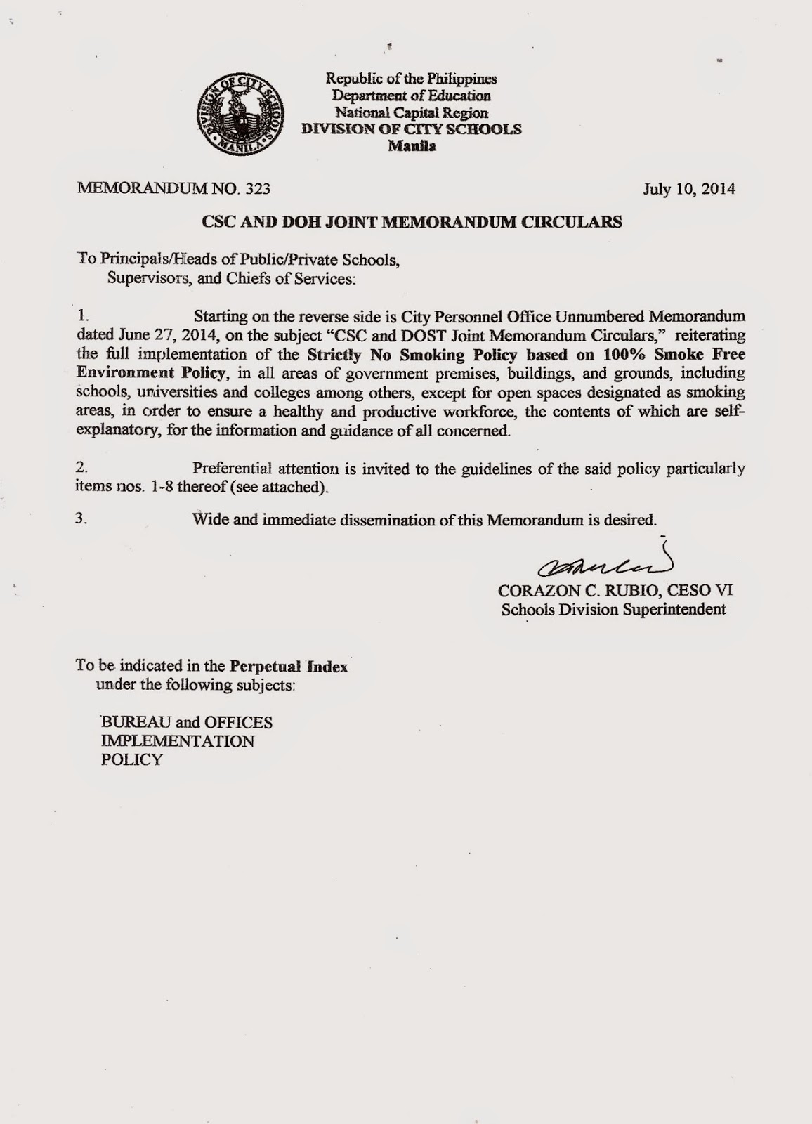 Department of Education Manila Division Memorandum No. 323 CSC AND
