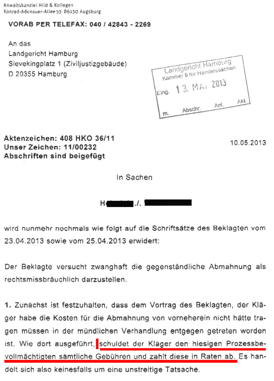 Recht Cool Hild Kollegen Augsburg Verfasste Gegenabmahnung Vom 31 03 2010 Hild Mandant War Deshalb Jahrelang Verschuldet