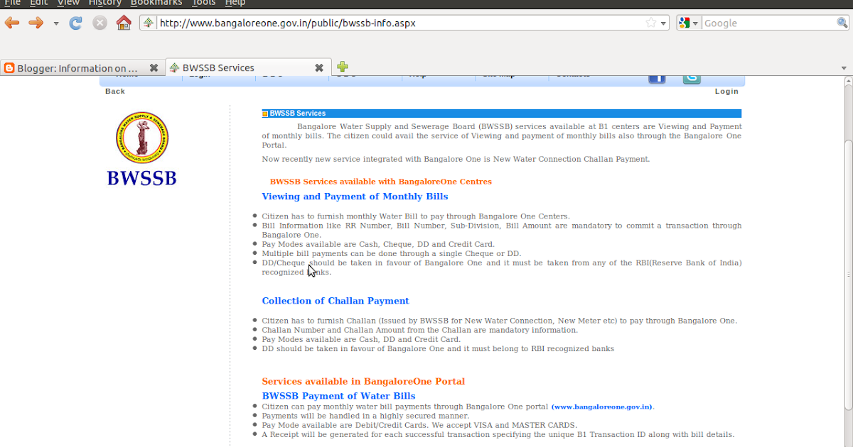 Information on Water Bill Status and Payment online Bangalore Water