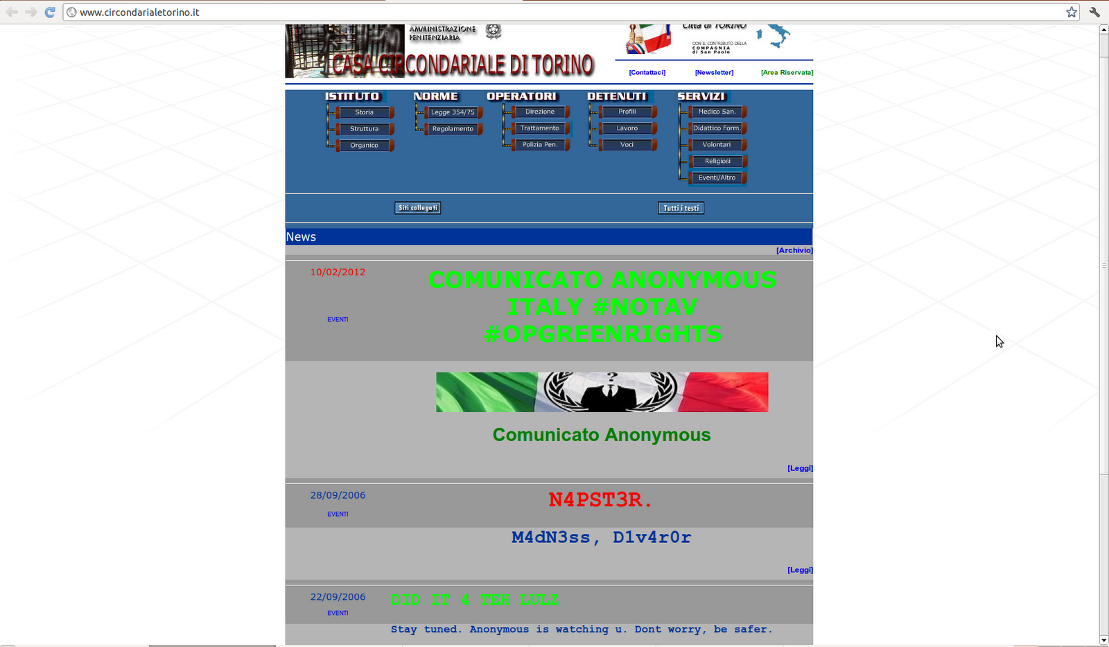 Il sito della Casa Circondariale di Torino defacciato