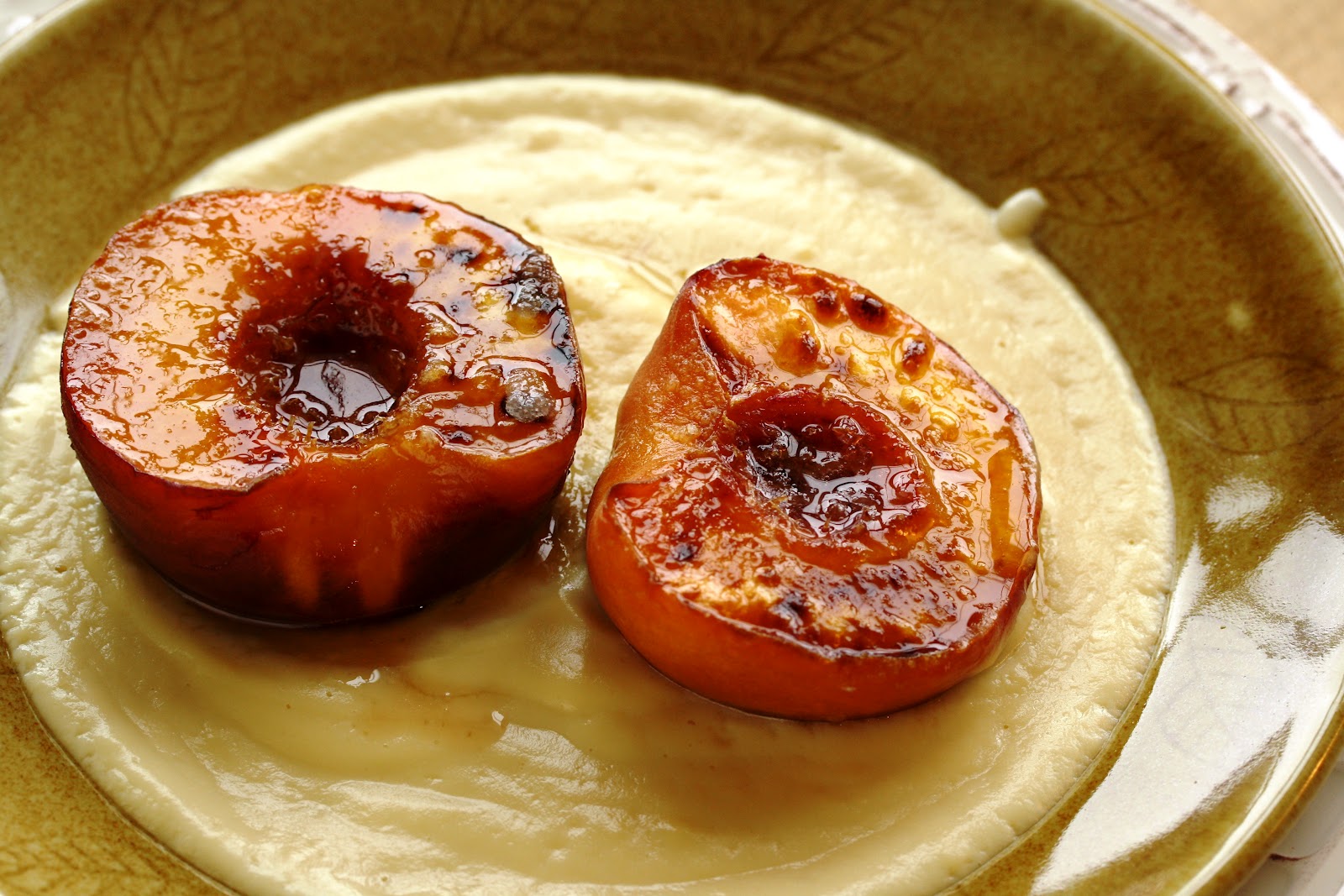 Peach brûlée with honey creme anglaise Saving Room for Dessert