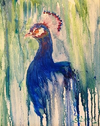 Peacock portrait in oils, drip method