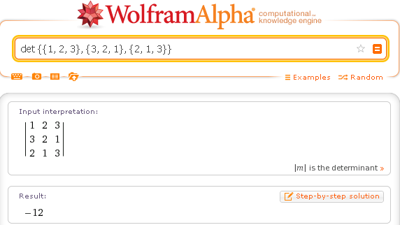 Вычисление определителя в Wolfram Alpha
