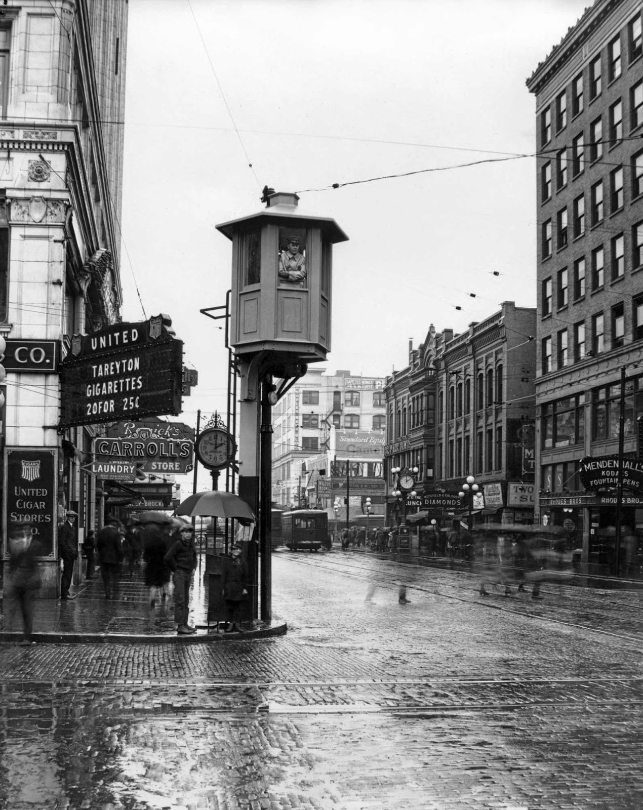 Traffic tower on Fourth and Pike in Seattle, circa 1925 vintage everyday