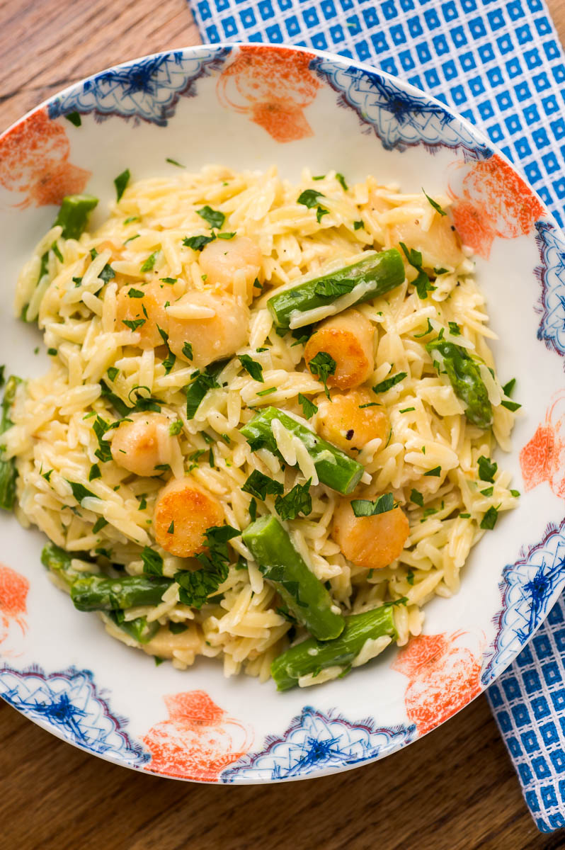 Sugar & Spice by Celeste Creamy Orzo with Bay Scallops, Asparagus