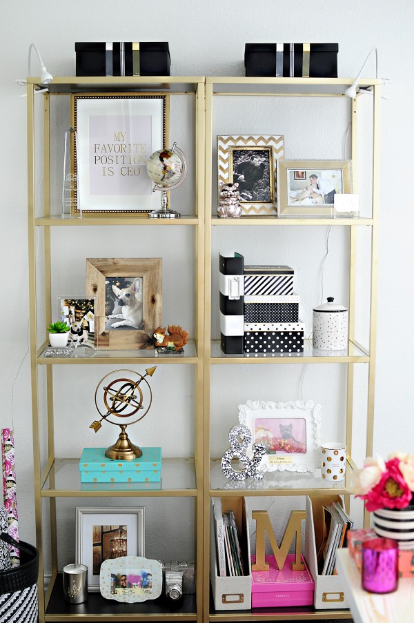 Plain VITTSJO shelves from IKEA get a glam revamp into gold etageres fit for a luxe and chic home office space. More details at monicawantsit.com
