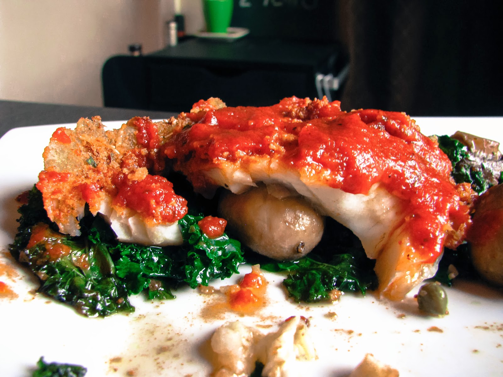 two foodies & a pup Baked Tilapia with Kale & Mushrooms