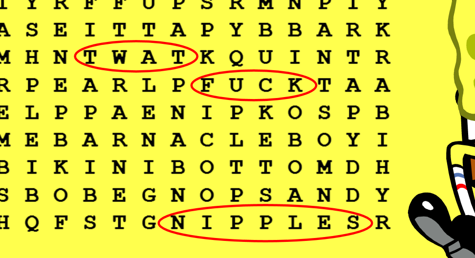 3 offensive words in a SpongeBob word-search