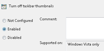 enabled turn off taskbar thumbnail