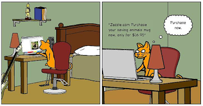 Cartoon (panel 1) of Cat Ordering Mug from Zazzle "Proud of Saving Animals" by RoseWrites