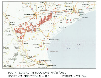 The image shows red pin markings across south Texas, extending east to West from a point near Victoria to the Rio Grande.