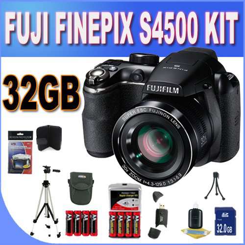 Fujifilm FinePix S4500 Digital Camera (Black) + 32GB SDHC Memory + USB Card Reader + 2 Sets of 4 NIMH Rechargeable Batteries + Ac/Dc Charger + Memory Card Wallet + Shock Proof Case w/Strap + Full Size Tripod + Accessory Saver Kit!