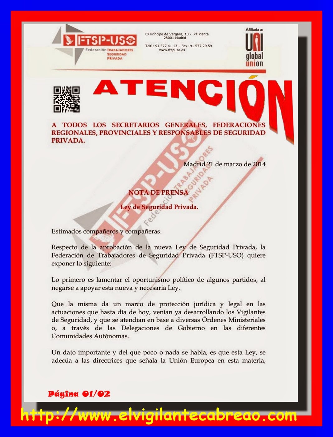 El mundo del Vigilante Nota de Prensa sobre la nueva Ley de Seguridad