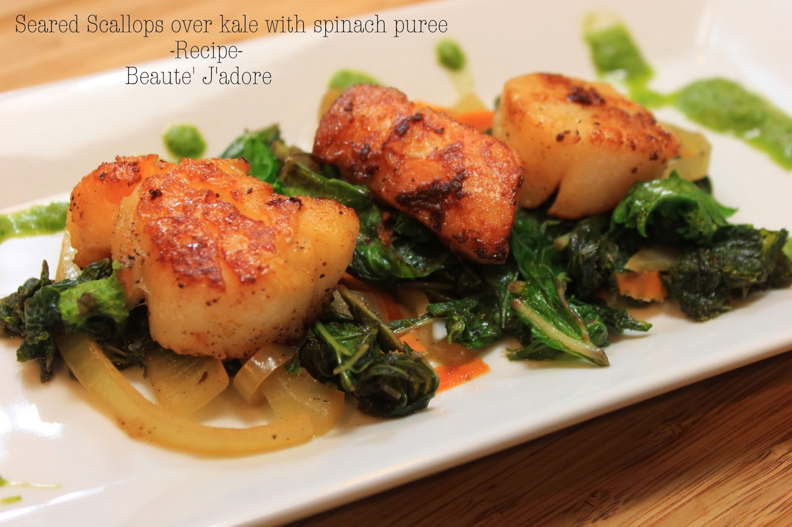 30 minute seared scallops over kale with spinach and kale puree