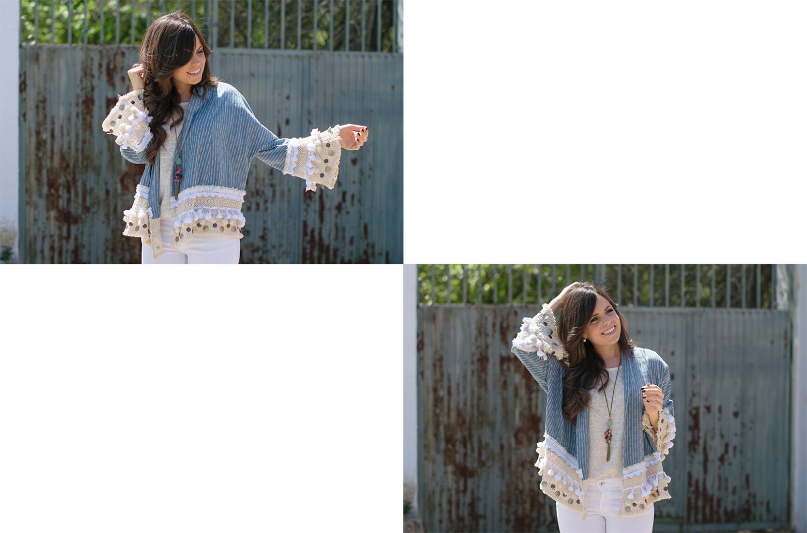 Look Boho con kimono azul bebe de Zara