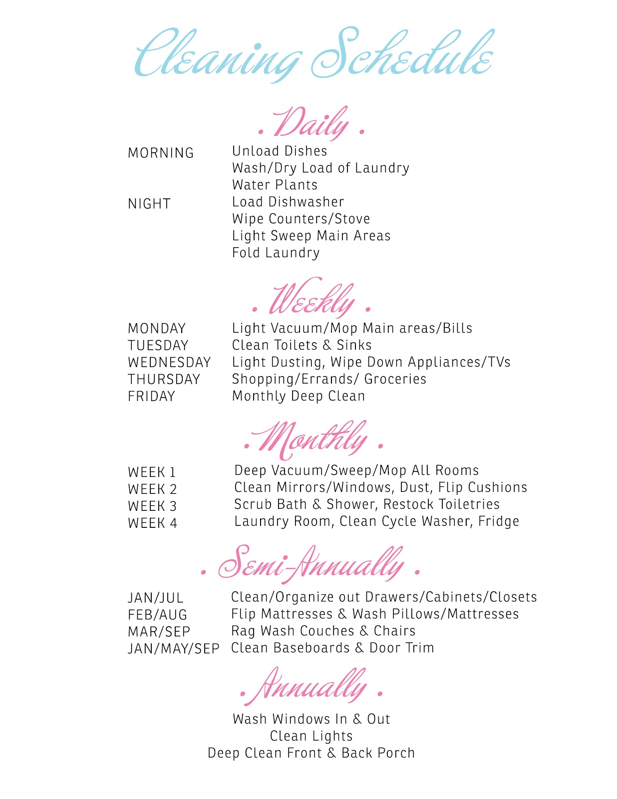 family cleaning schedule