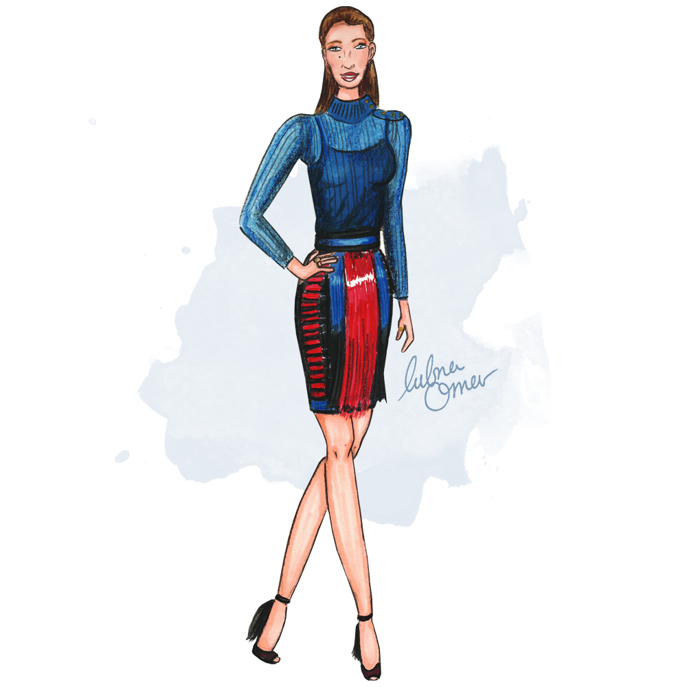 Blake Lively in Balmain illustration by Lubna Omar