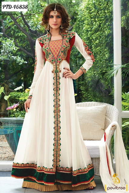Diwali festival special white color georgette anarkali salwar suit online shopping with discount deals at pavitraa.in