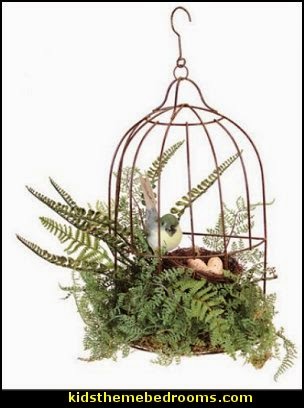 Rustic Birdcage with Artificial Fern and Bird Table Top Decor