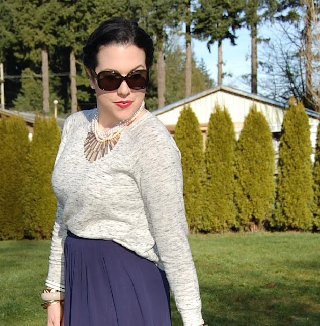 Victory rolls, Forever 21 sweater, blue midi skirt, pearl necklace and matchstick necklace