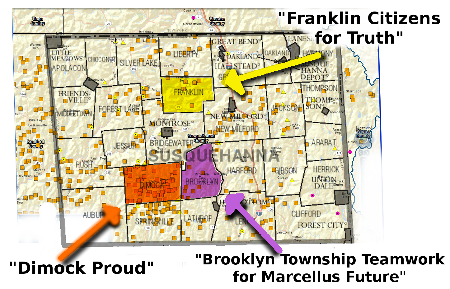 location of pa drilling operations orange dots and eid astroturf groups dimock and franklin were sites of many water contamination problems location of pa drilling operations orange dots and eid astroturf groups dimock and franklin were sites of many water contamination problems