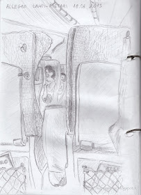 между сиденьями, в вагоне поезда, в пути, рисунок карандашом