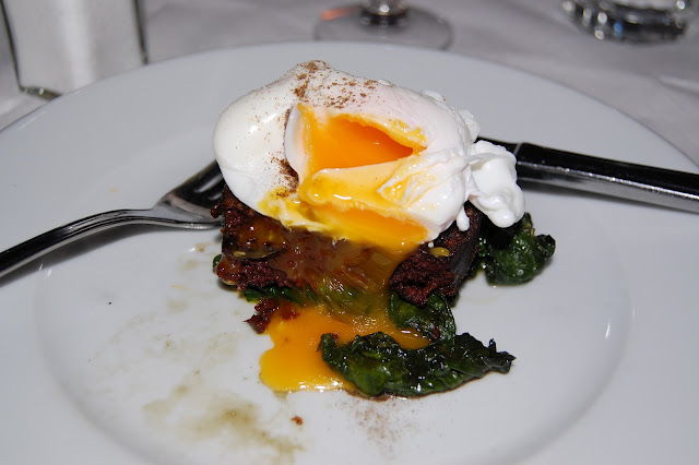 Joe Allen Black Pudding with wilted spinach and poached egg 