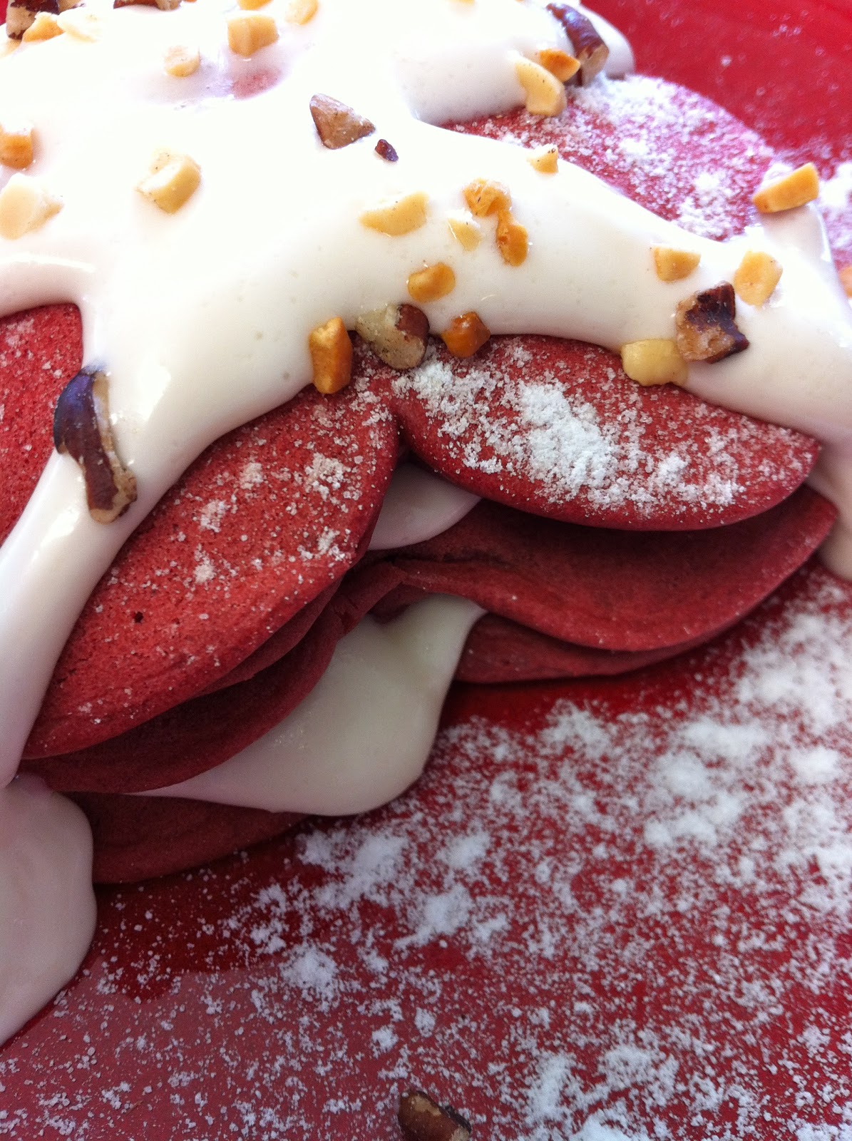 The Brighter Writer Red Velvet Pancakes with Cream Cheese Maple Glaze