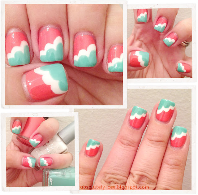 Maybelline Coral Crush, Essie Turquoise & Caicos and Wet n Wild French White Nail Art Clouds Maybelline Coral Crush, Essie Turquoise & Caicos and Wet n Wild French White Nail Art Clouds