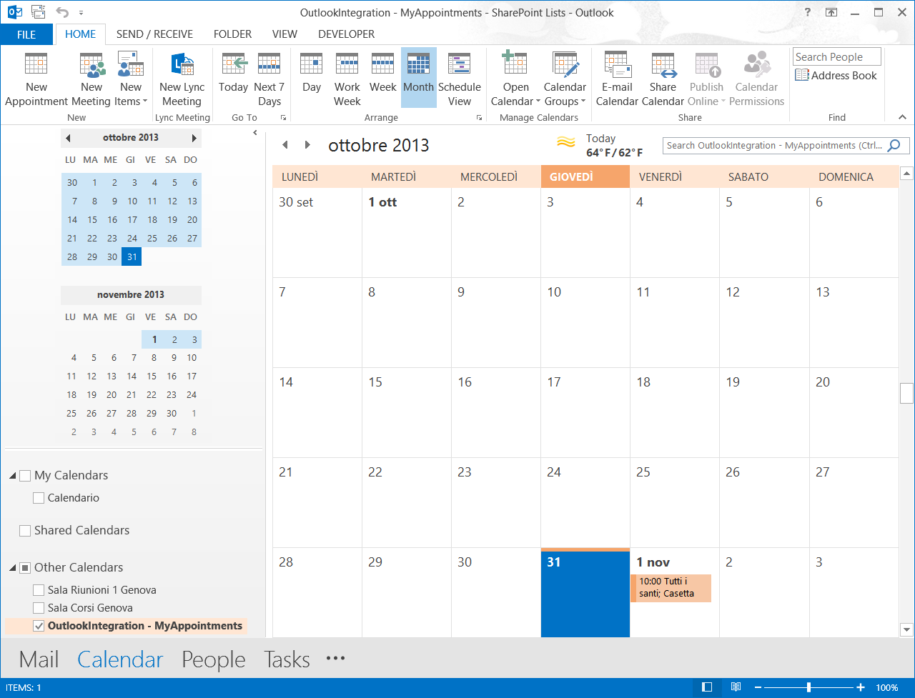 Connect SharePoint Calendar List to Outlook SviPullo
