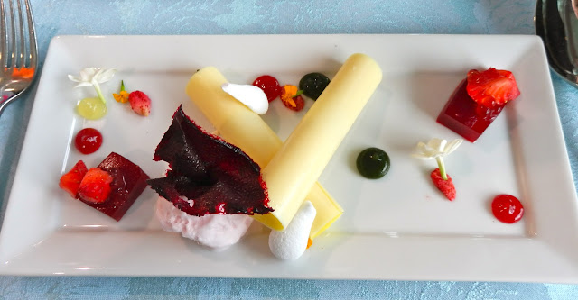 Frais de bois vacherin, lemon and basil parfait, strawberry gelée, French meringue tears, strawberry sorbet, edible flowers