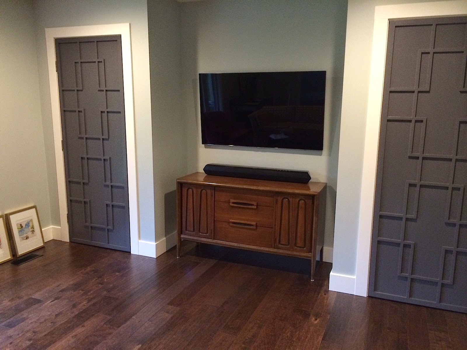 JULIE PETERSON Simple Redesign FANCY UP FLAT SLAB DOORS WITH TRIM AND HIDING A CABLE BOX