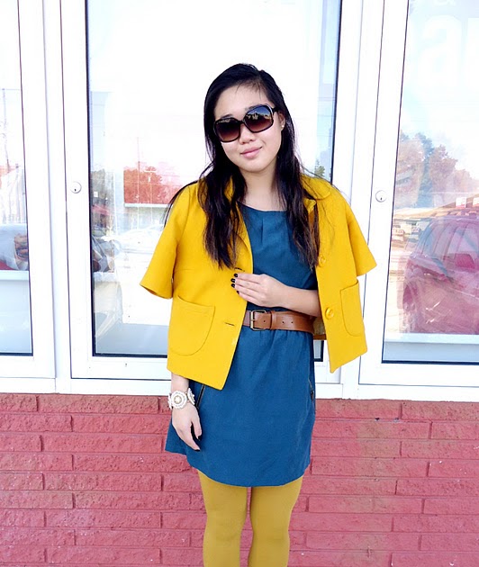 teal and mustard outfit
