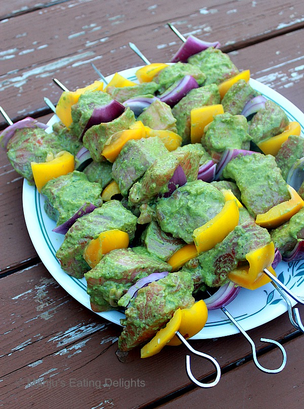 Manju's Eating Delights Grilled Salmon Kebabs with basil pesto marinade