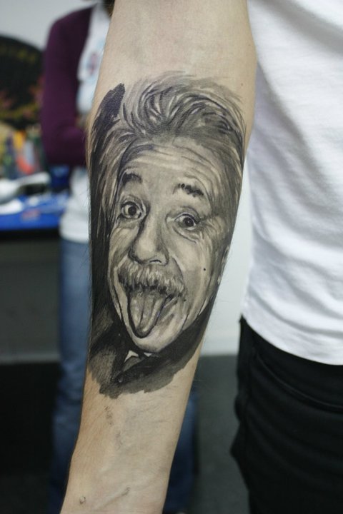 Einstein tattoo on the arm in black and white Published by STD at 834 AM