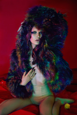 multi colored fur, georgiana saraev model, fashion photographer london, topless
